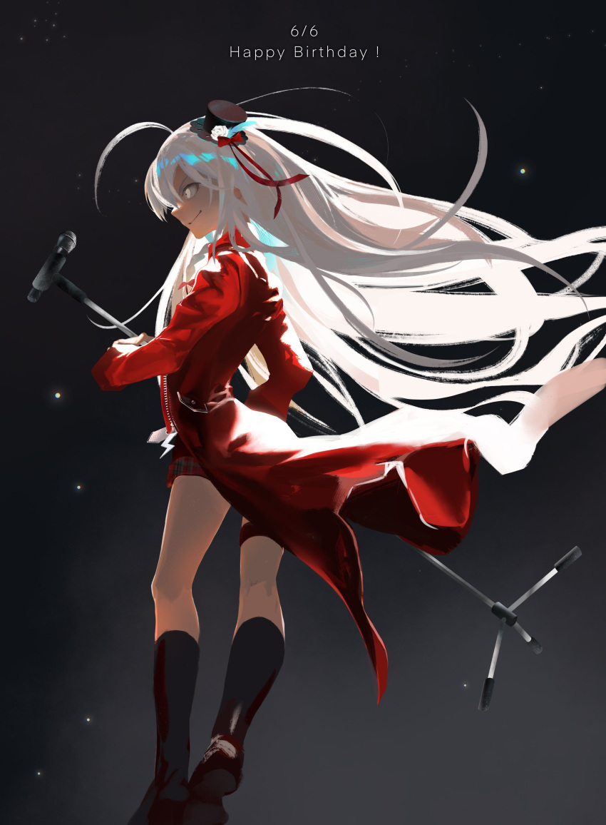 1girl, absurdres, ahoge, alternate_costume, arm_at_side, birthday, black_background, black_footwear