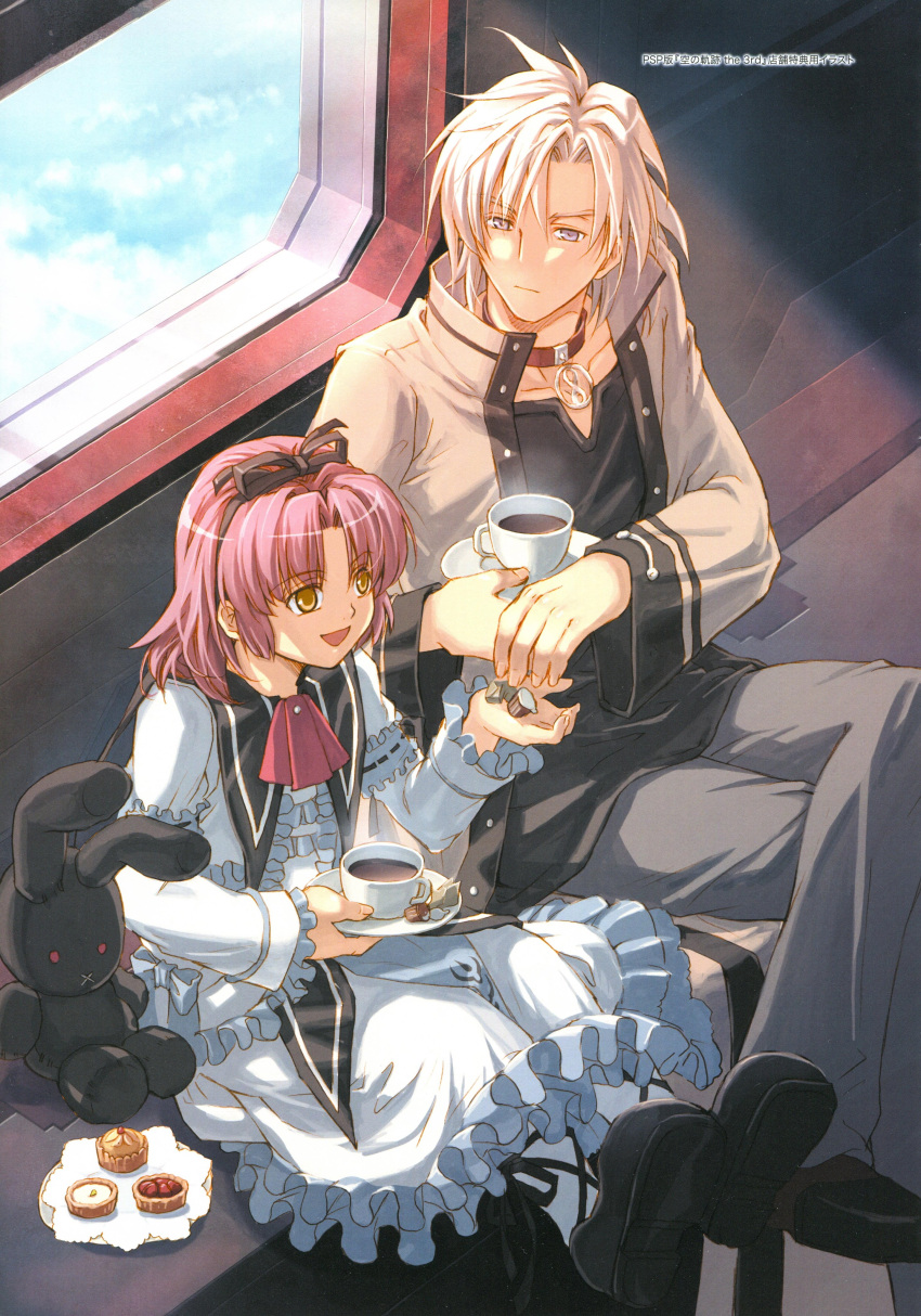 1boy, absurdres, choker, coat, crossed_legs, cupcake, dress, eiyuu_densetsu