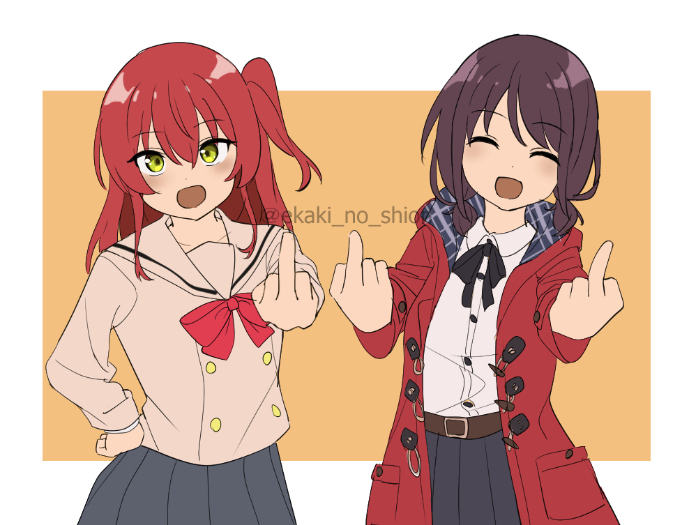 2girls, ^_^, belt, belt_buckle, black_ribbon, black_skirt, blush, bocchi_the_rock!