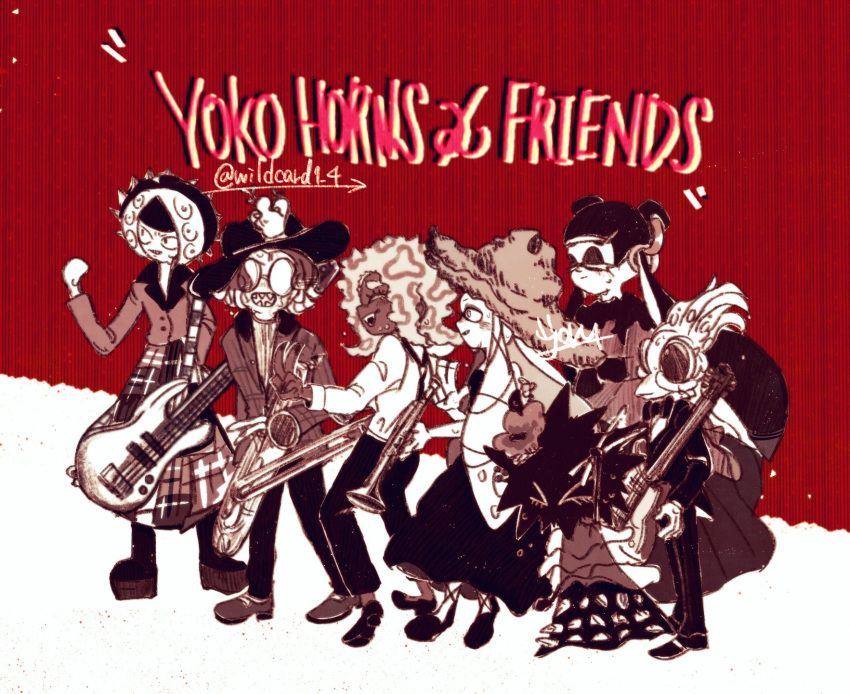 1boy, 6+girls, aachin_(splatoon), black_bow, black_bowtie, black_dress, black_footwear, black_pants, bow, bowtie, closed_eyes, dark-skinned_female, dark_skin, dress, drumsticks, guitar, highres, holding, holding_drumsticks, instrument, jessika_(splatoon), kitamura_(splatoon), long_sleeves, martin_(splatoon), monochrome, multiple_girls, pants, plaid, plaid_shirt, profile, saxophone, sharp_teeth, shirt, shoes, splatoon_(series), splatoon_3, tao_blu_(splatoon), teeth, tosh_(splatoon), trombone, trumpet, twitter_username, white_shirt, wildcard1_4, yoko_(splatoon)