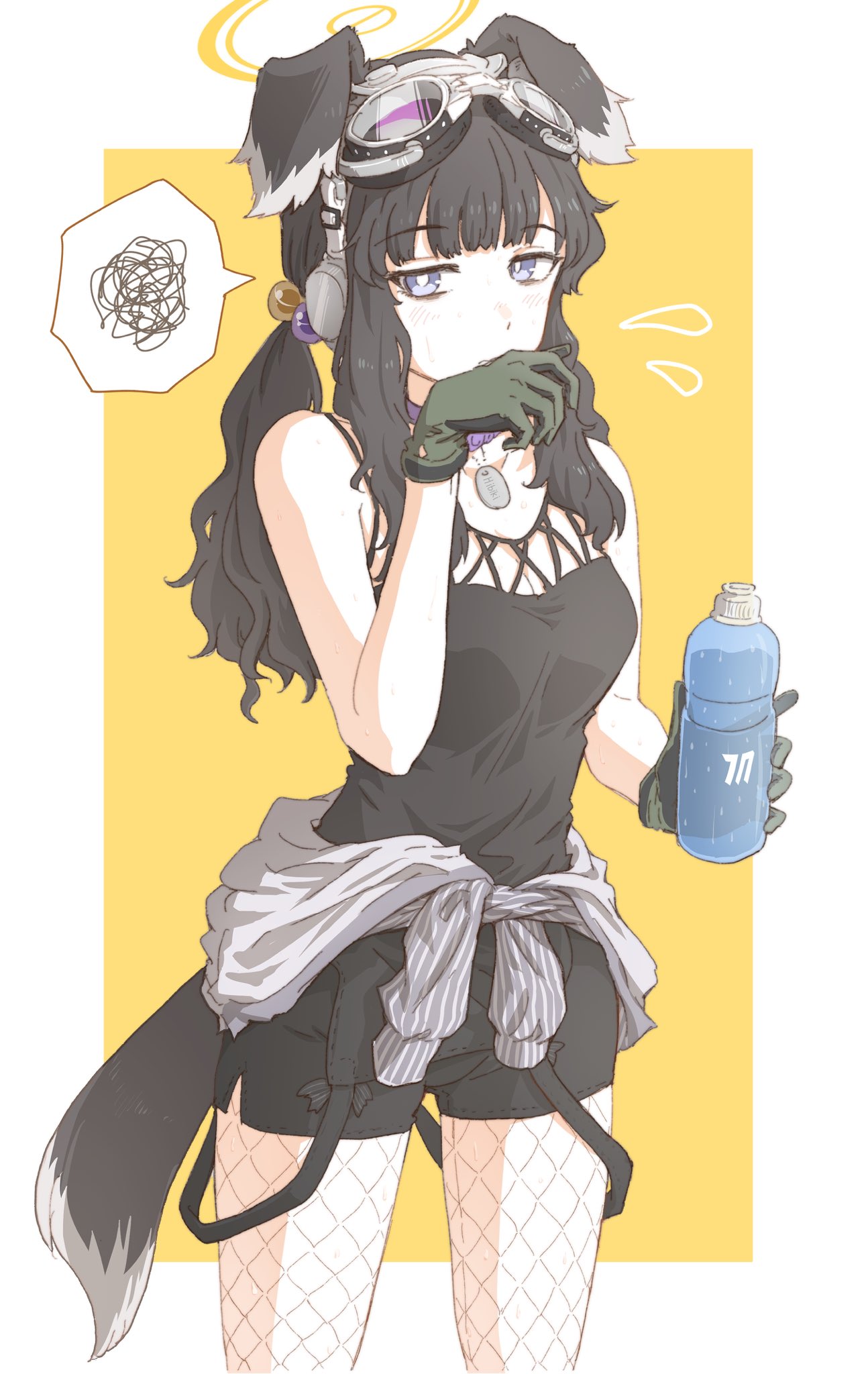 1girl, animal_ears, bare_shoulders, black_hair, black_shirt, black_shorts, blue_archive, blue_eyes