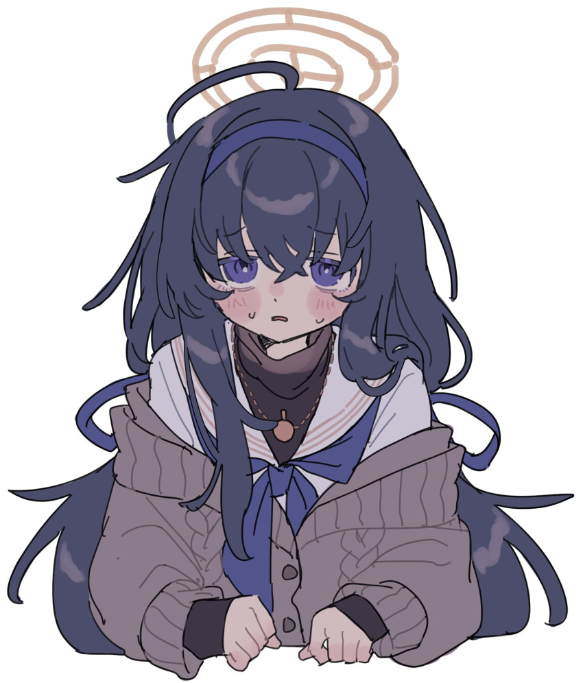 1girl, ahoge, black_hair, blue_archive, blush, brown_cardigan, buttons, cardigan