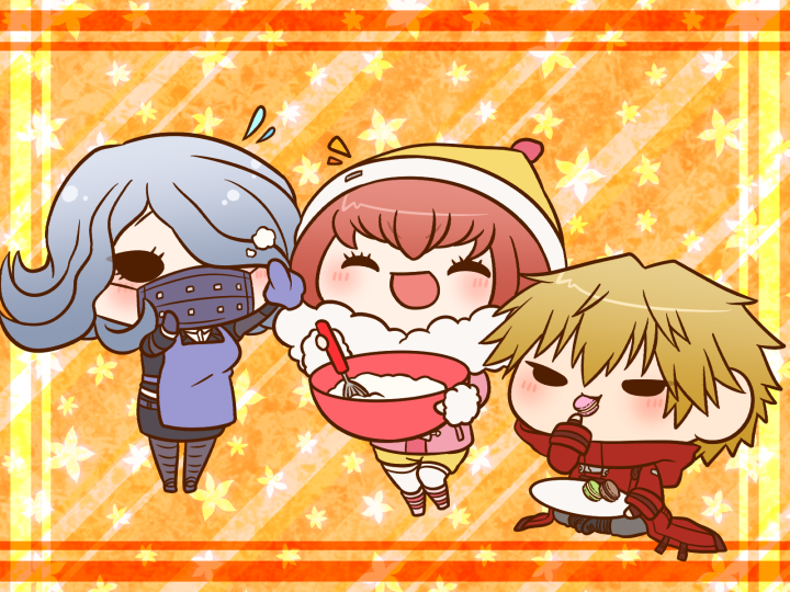 1boy, 2girls, ^_^, ando_ruruka, apron, batter, beanie, belt