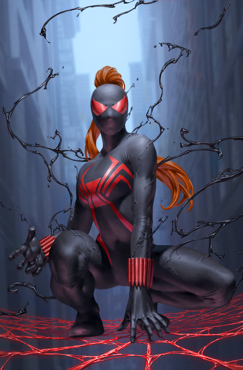 1girl, black_bodysuit, black_mask, black_widow, blurry, blurry_background, bodysuit, breasts, building, city, depth_of_field, highres, long_hair, looking_at_viewer, marvel, medium_breasts, natasha_romanoff, orange_hair, outdoors, silk, skyscraper, solo, spider-man_(series), spider_web, squatting, symbiote, yoon_junggeun