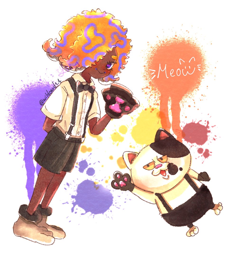 1girl, animal_hands, black_bow, black_bowtie, black_shorts, bow, bowtie, cat, collared_shirt, dark-skinned_female, dark_skin, gloves, grey_footwear, hair_over_one_eye, hand_up, judd_(splatoon), looking_at_viewer, orange_hair, patterned_hair, paw_gloves, shirt, shirt_tucked_in, short_sleeves, shorts, smile, splatoon_(series), splatoon_3, suspenders, tao_blu_(splatoon), twitter_username, violet_eyes, white_shirt, wildcard1_4