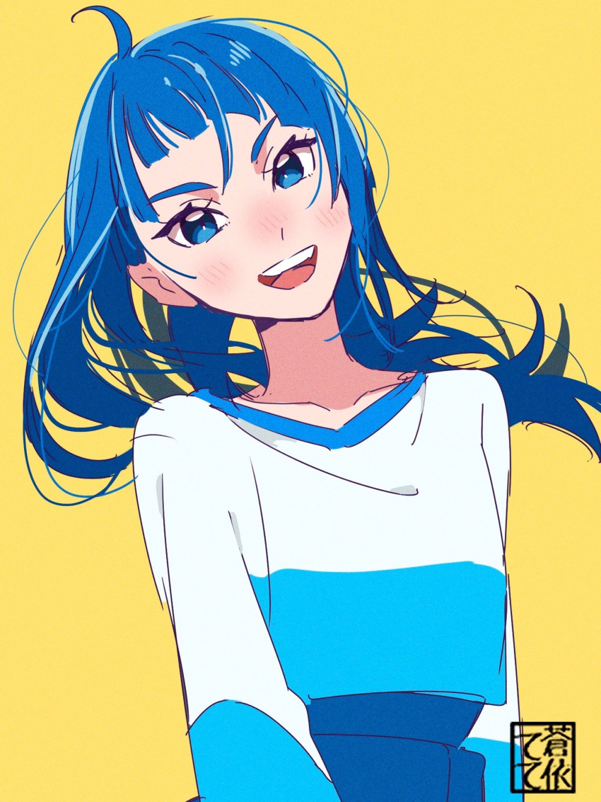 1girl, alternate_hairstyle, aoi_tete, artist_logo, azure_blue_t-shirt, blue_shirt, blue_skirt, blue_t-shirt