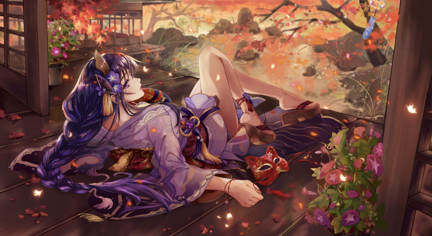 1girl, absurdres, autumn, autumn_leaves, bare_legs, blunt_bangs, braid, changerduo