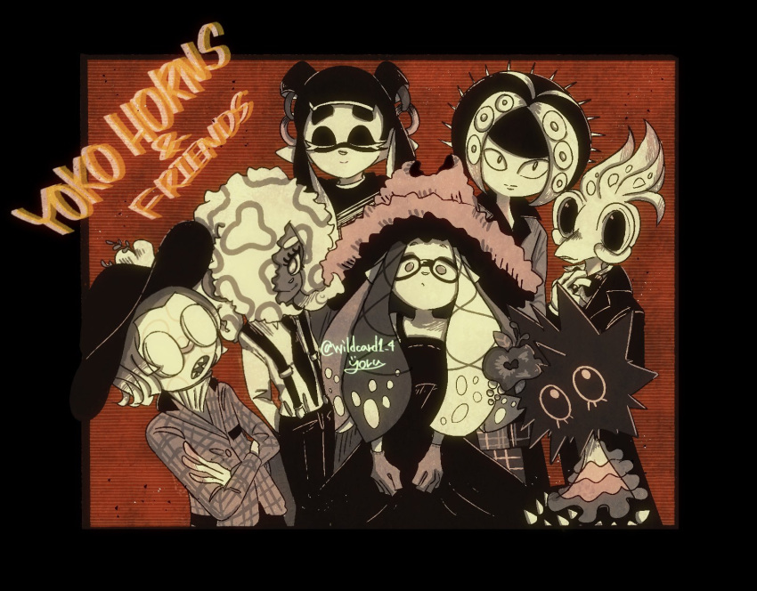 1boy, 6+girls, aachin_(splatoon), black_dress, black_hat, black_necktie, black_pants, closed_eyes