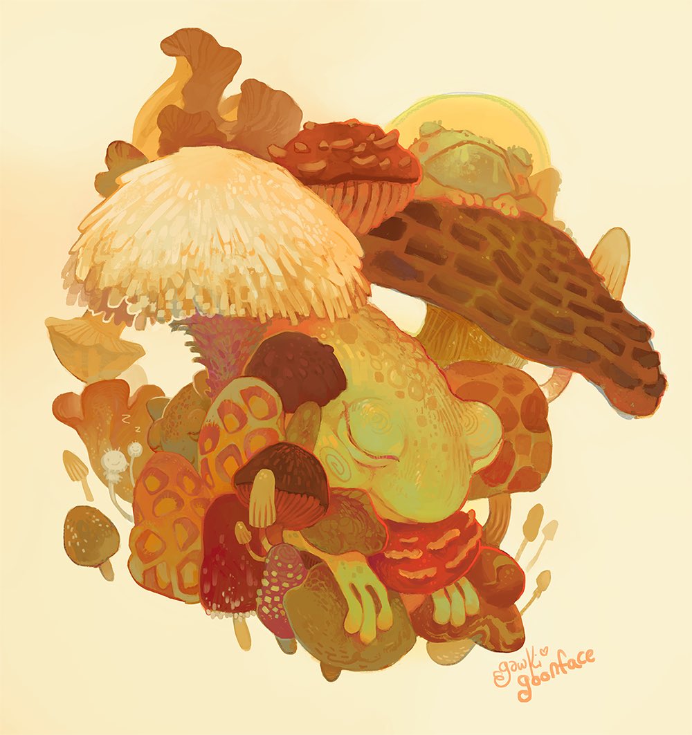 animal_focus, artist_name, closed_eyes, collaboration, collaboration_request, commentary, english_commentary, frog, gawki, mushroom, no_humans, original, simple_background, sleeping, yellow_background
