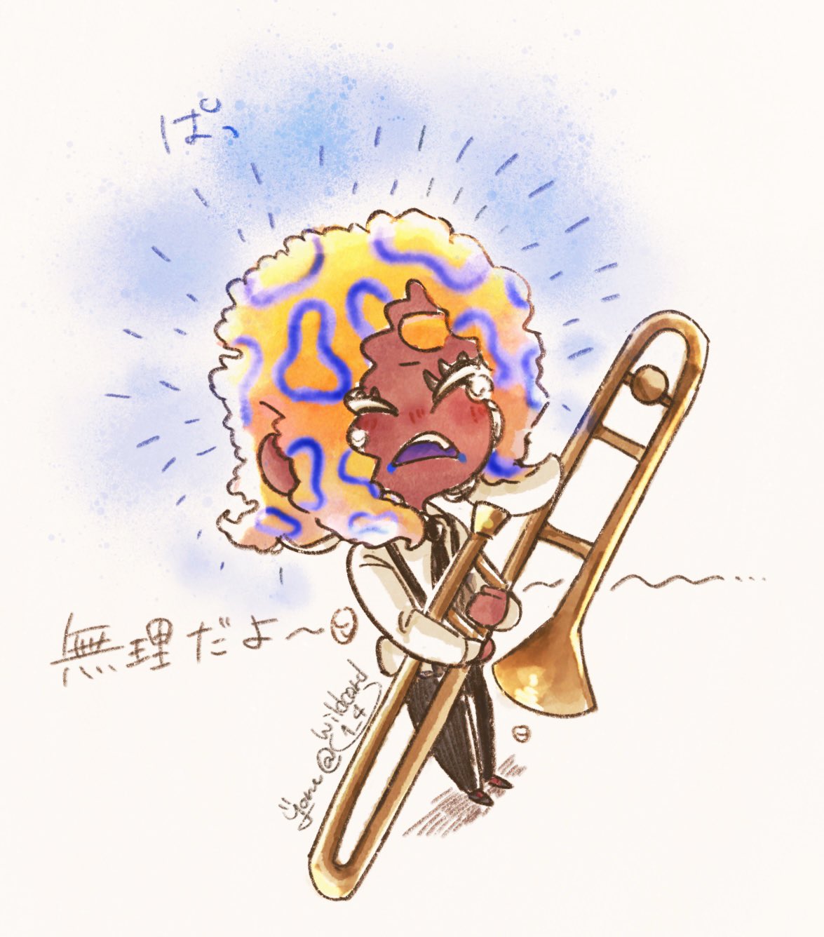 1girl, black_necktie, black_pants, chibi, dark-skinned_female, dark_skin, highres, holding_trombone