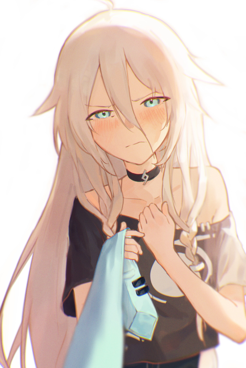 1girl, absurdres, ahoge, bare_shoulders, black_choker, black_shirt, blue_eyes, blush