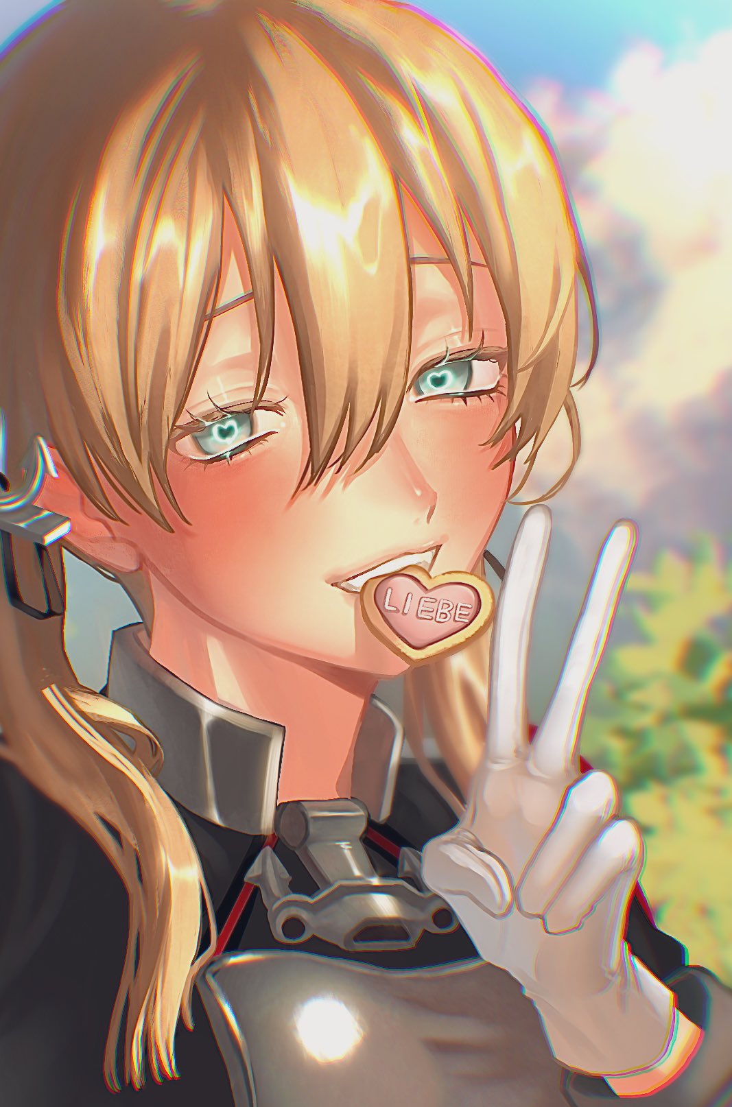 1girl, aqua_eyes, aupt31, black_ribbon, blonde_hair, blurry, blurry_background, blush, candy, chocolate, clouds, commentary_request, food, german_text, gloves, hair_between_eyes, hair_ribbon, heart, heart-shaped_chocolate, heart-shaped_pupils, highres, kantai_collection, long_hair, looking_at_viewer, military_uniform, mouth_hold, outdoors, prinz_eugen_(kancolle), ribbon, sky, solo, symbol-shaped_pupils, twintails, uniform, upper_body, v, white_gloves