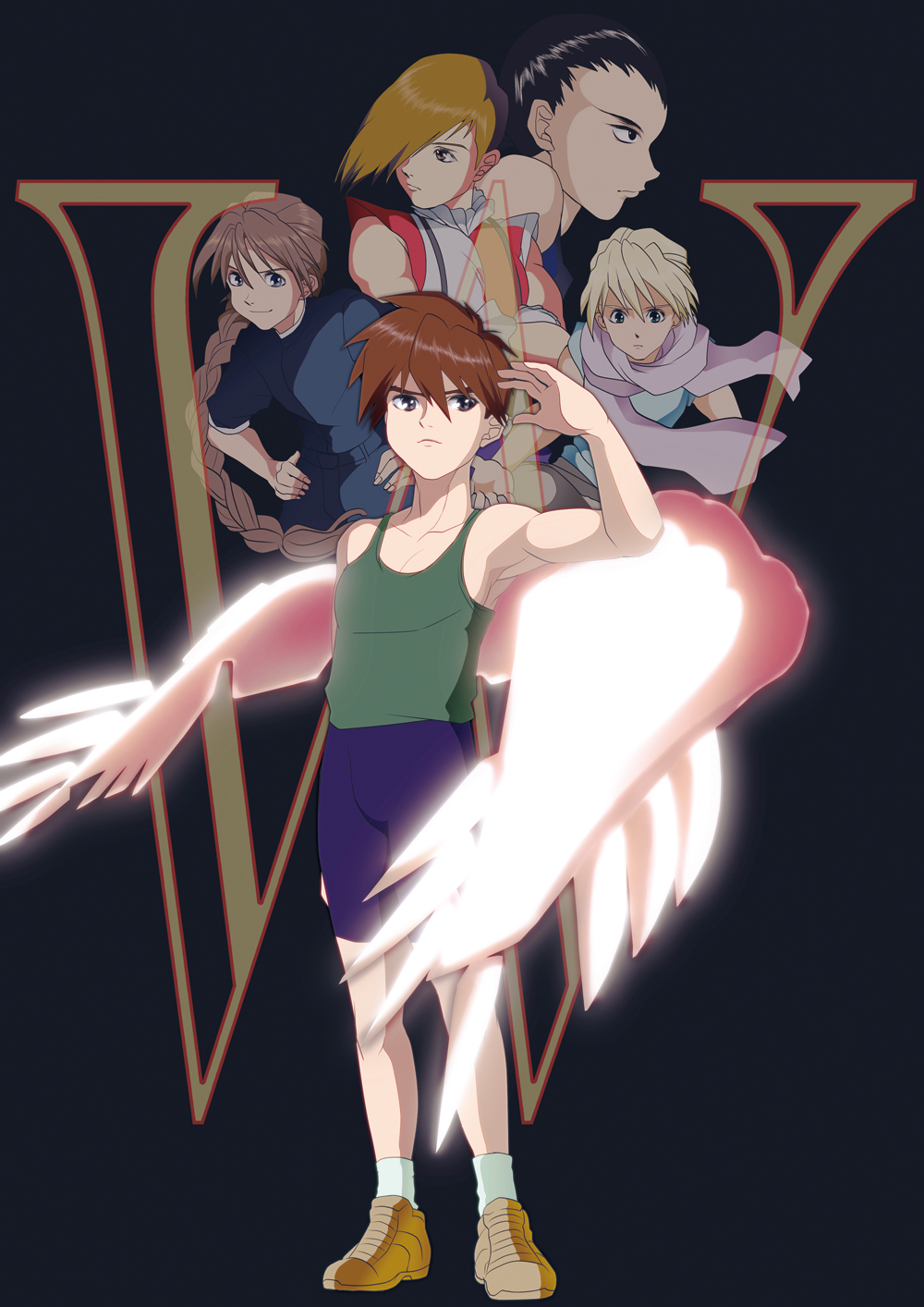 5boys, bare_arms, black_hair, black_shirt, blonde_hair, braid, brown_footwear, brown_hair