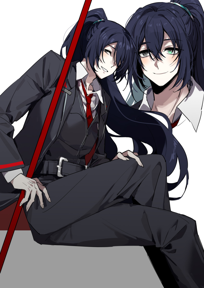 1boy, belt, black_coat, black_hair, black_pants, black_vest, blue_eyes, blush