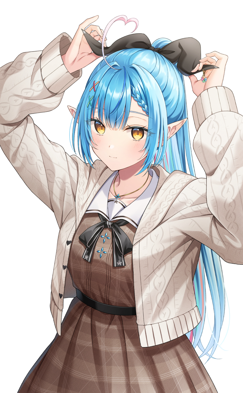1girl, adjusting_bow, ahoge, black_bow, blue_hair, blush, bow, braid