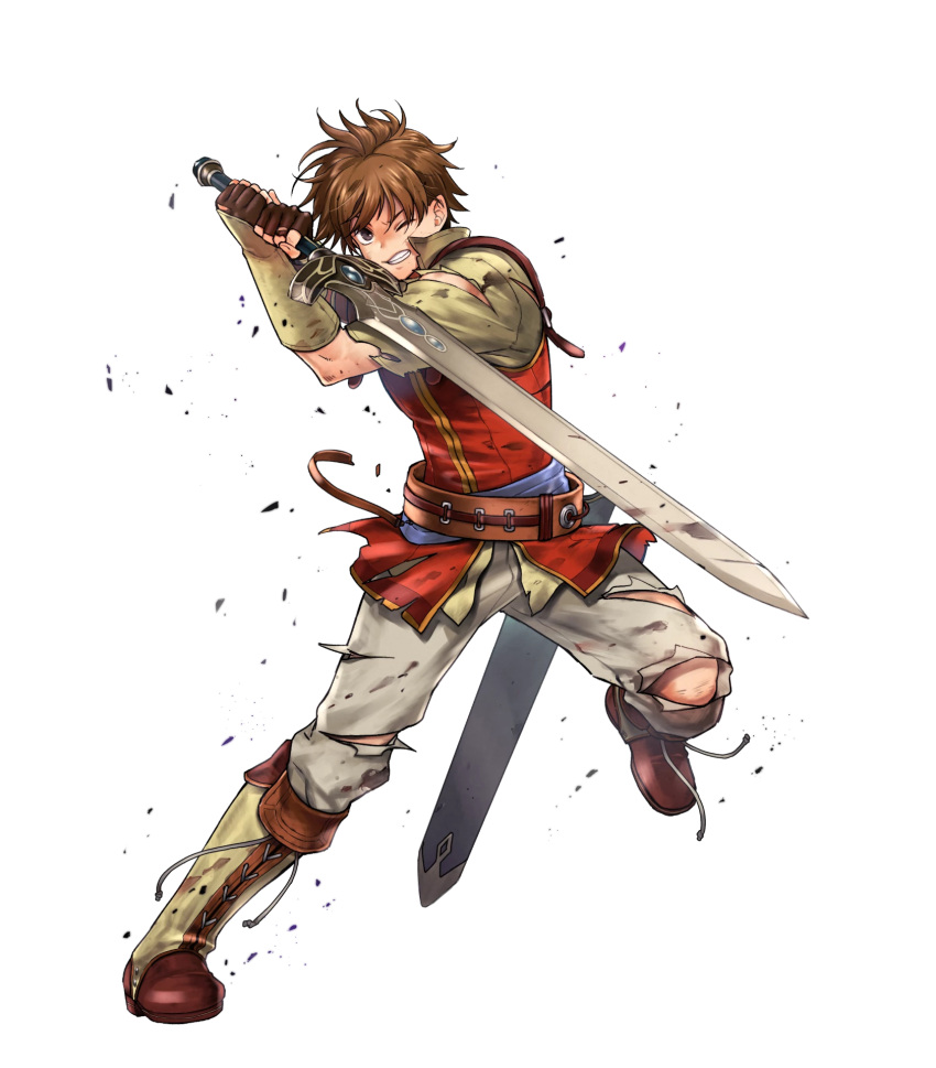1boy, brown_eyes, brown_gloves, brown_hair, clenched_teeth, damaged, edward_(fire_emblem), fingerless_gloves