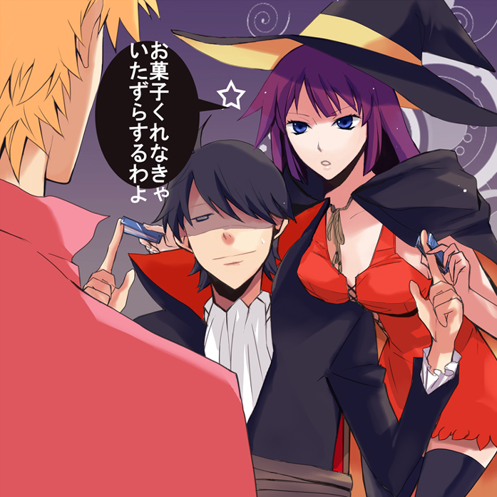 araragi_koyomi, bakemonogatari, black_hair, black_legwear, black_thighhighs, blonde_hair, blue_eyes, breast_rest