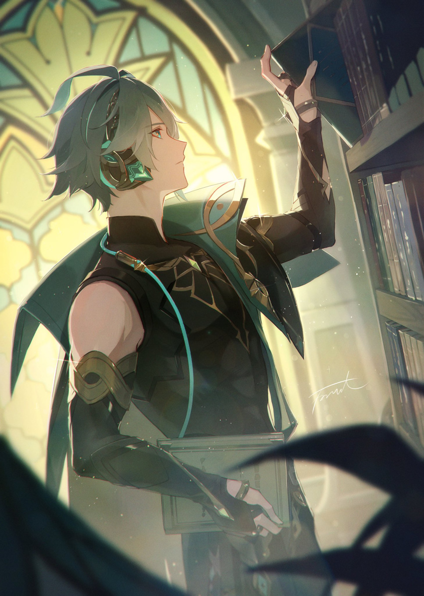 1boy, alhaitham_(genshin_impact), black_gloves, black_shirt, book, bookshelf, chest_jewel, closed_mouth
