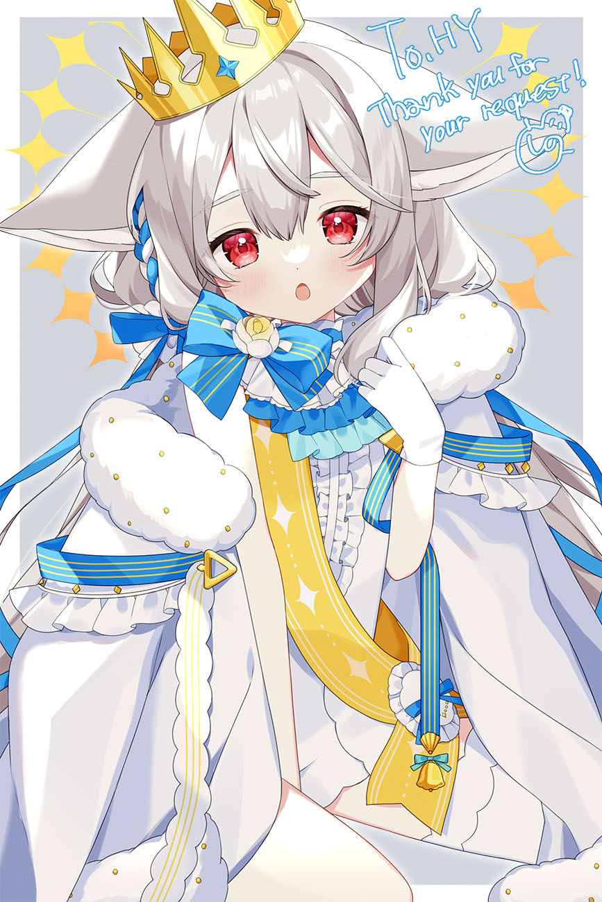 :o, animal_ear_fluff, animal_ears, ascot, blue_bow, blue_ribbon, blue_sash, border