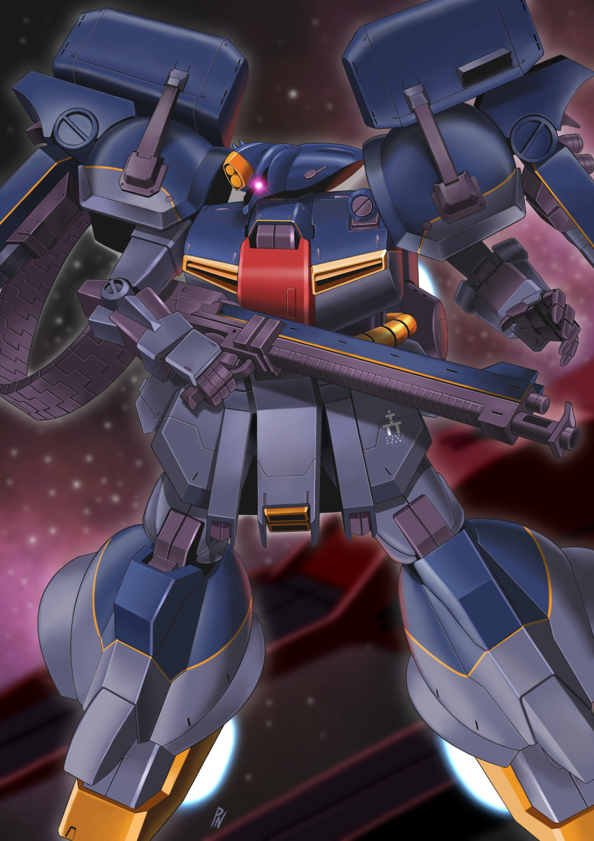 absurdres, ammunition_belt, commentary_request, glowing, glowing_eye, gun, gundam, gundam_sentinel