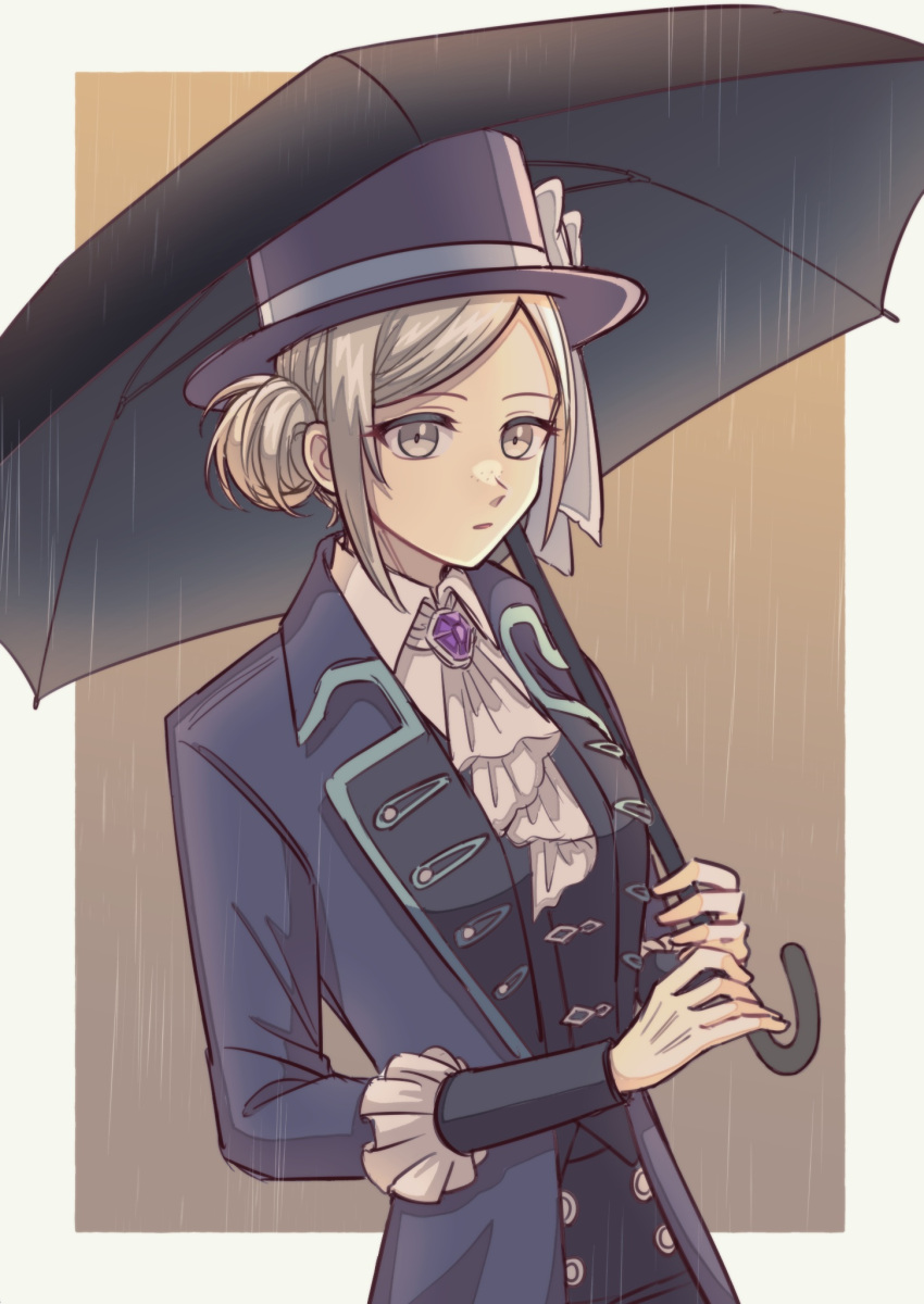 1girl, 39999m, ascot, black_coat, black_hat, black_umbrella, black_vest, blue_bow