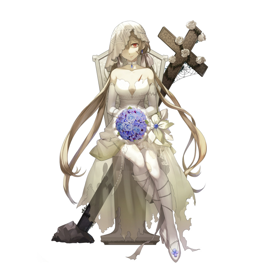 1girl, alternate_costume, amulet, artist_request, bare_shoulders, blue_flower, blue_pendant, blue_rose