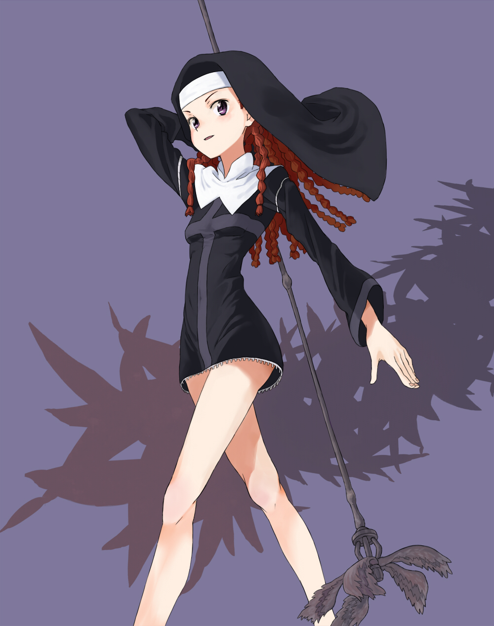 braid, flat_chest, highres, kugimiya_rie, miniskirt, nun, purple_eyes, red_hair
