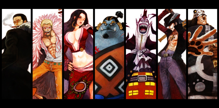 black_hair, blonde_hair, boa_hancock, breasts, cigar, column_lineup, donquixote_doflamingo, dracule_mihawk