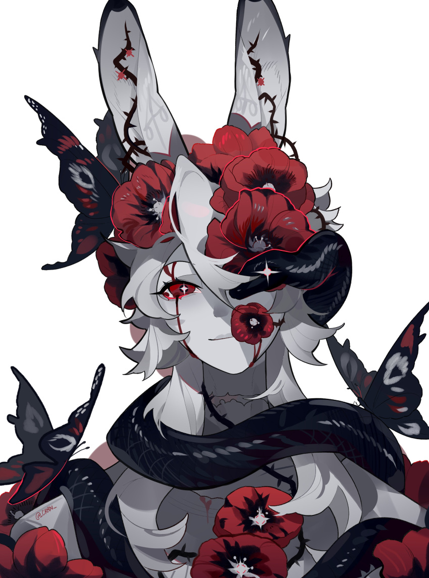 1girl, absurdres, animal, animal_ears, artist_name, bleeding, blood, blood_on_face, bug, butterfly, closed_mouth, colored_skin, crrn, flower, grey_hair, grey_skin, hair_between_eyes, highres, long_hair, looking_at_viewer, one_eye_covered, original, plant, plant_growth, portrait, rabbit_ears, rabbit_girl, red_eyes, red_flower, scar, scar_on_neck, simple_background, smile, snake, solo, star-shaped_pupils, star_(symbol), symbol-shaped_pupils, thorns, twitter_username, vines, white_background