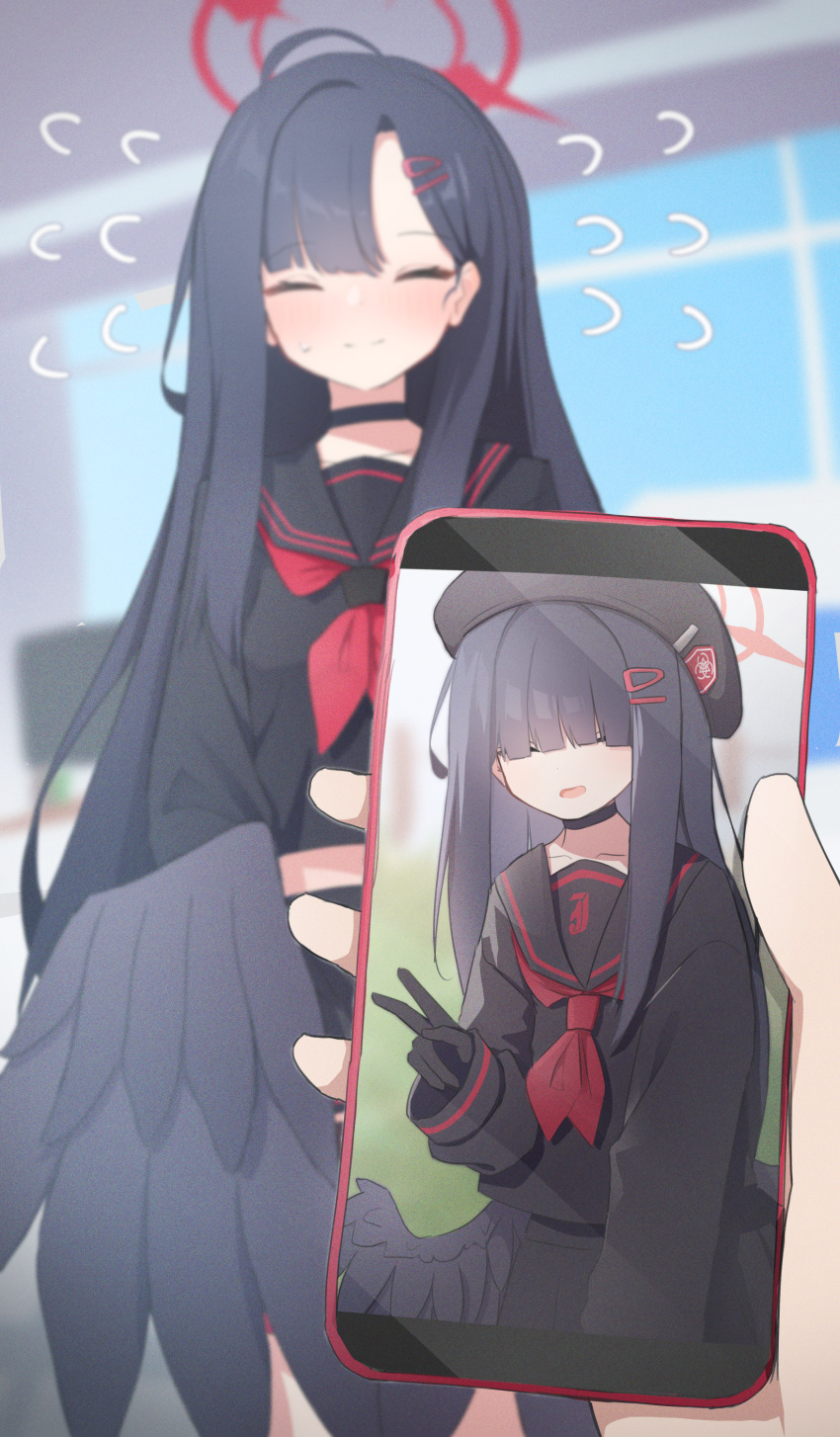 1girl, 1other, absurdres, black_choker, black_hair, black_sailor_collar, black_serafuku, black_wings