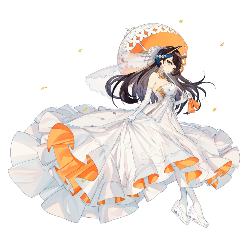 +intro+, 1girl, alternate_costume, alternate_hairstyle, bare_shoulders, bernadette_(final_gear), black_hair, blue_hair, braid, cross-laced_clothes, cross-laced_dress, dress, earrings, elbow_gloves, eyelashes, final_gear, floral_print_gloves, flower, full_body, gloves, hair_flower, hair_ornament, high_heels, highres, holding, holding_clothes, holding_dress, holding_umbrella, jewelry, lace-trimmed_veil, lace_trim, long_hair, multicolored_hair, official_art, orange_ribbon, platform_footwear, ribbon, rose, see-through, see-through_footwear, see-through_veil, side_braid, simple_background, socks, solo, strapless, striped_choker, tachi-e, two-tone_hair, two-tone_ribbon, two-tone_umbrella, umbrella, veil, wedding_dress, wedge_heels, white_background, white_flower, white_gloves, white_rose, white_socks, white_umbrella, white_veil, yellow_eyes