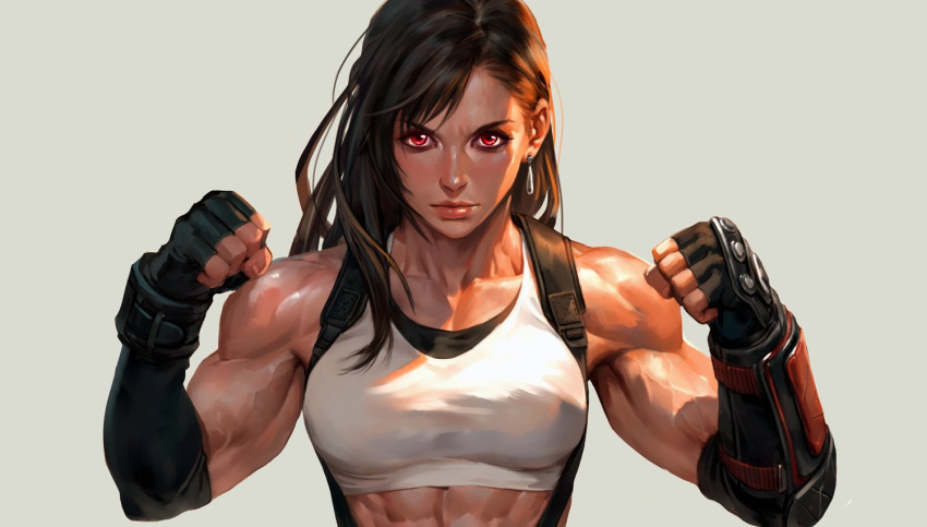 1girl, abs, black_hair, clenched_hands, earrings, final_fantasy, final_fantasy_vii, final_fantasy_vii_remake