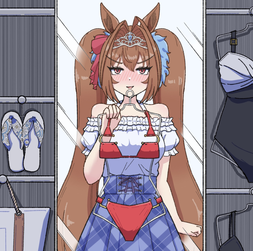 1girl, animal_ears, bikini, blush, brown_hair, casual, commentary, daiwa_scarlet_(umamusume), dress, fitting_room, florida_bikini, hair_between_eyes, hair_ornament, highres, horse_ears, horse_girl, hu-min_(okok6341), long_hair, looking_at_viewer, mirror, open_mouth, red_bikini, red_eyes, solo, swimsuit, tiara, twintails, umamusume