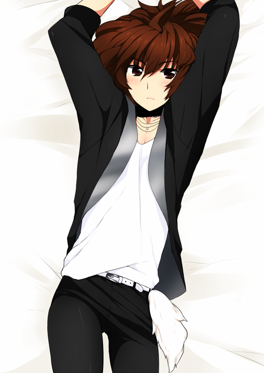 arms_up, bad_id, brown_eyes, brown_hair, idolmaster, jinichu, jupiter_(idolmaster), male, short_hair