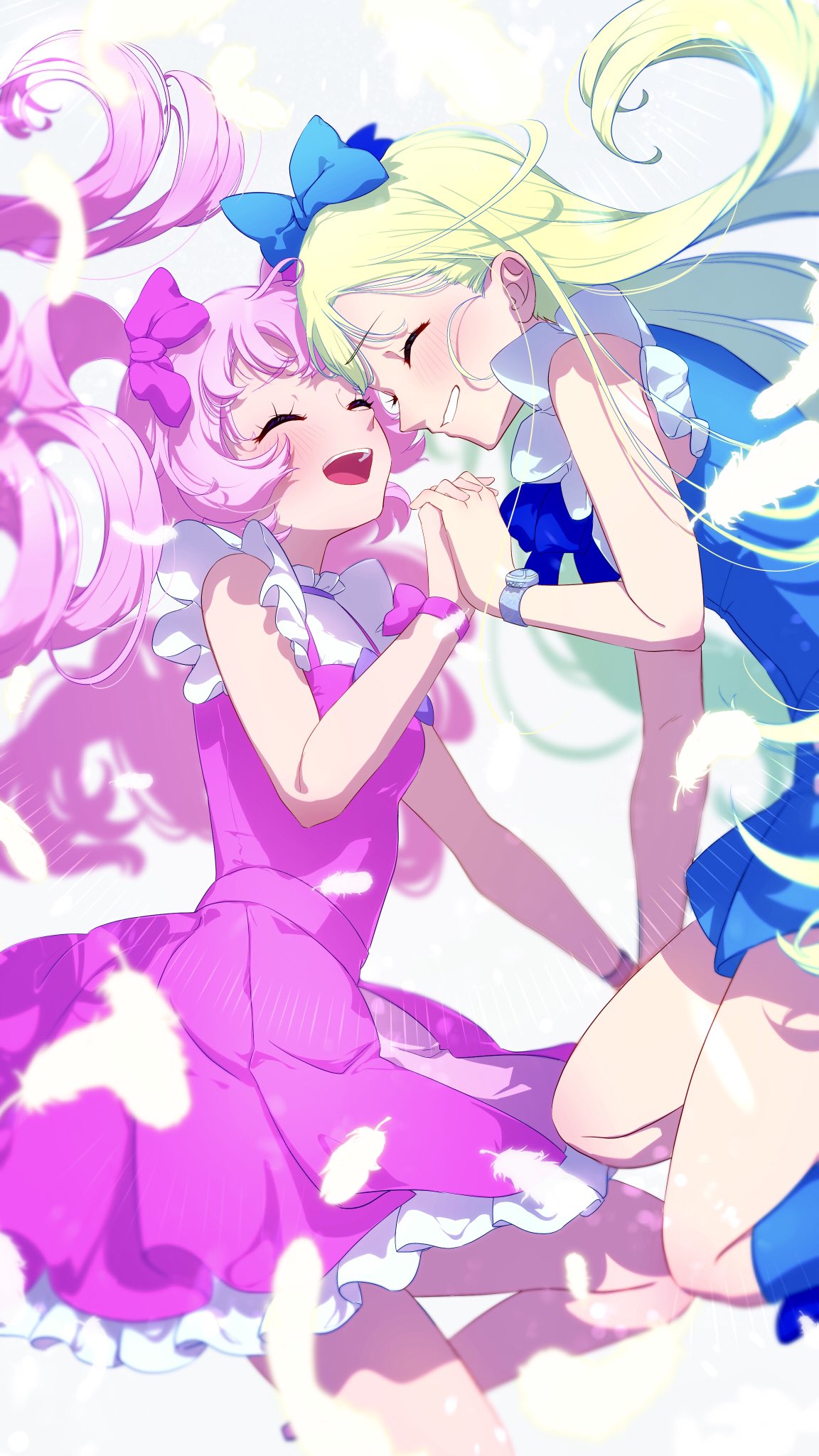 2girls, :d, aozora_himari, blonde_hair, blue_bow, blue_dress, blunt_bangs, bow, closed_eyes, commentary_request, dress, face-to-face, facing_another, floating_hair, hair_bow, highres, himitsu_no_aipri, holding_hands, hoshikawa_mitsuki, idol_clothes, interlocked_fingers, long_hair, moukinui, multiple_girls, open_mouth, pink_bow, pink_dress, pink_hair, pretty_series, sleeveless, sleeveless_dress, smile, standing, twintails