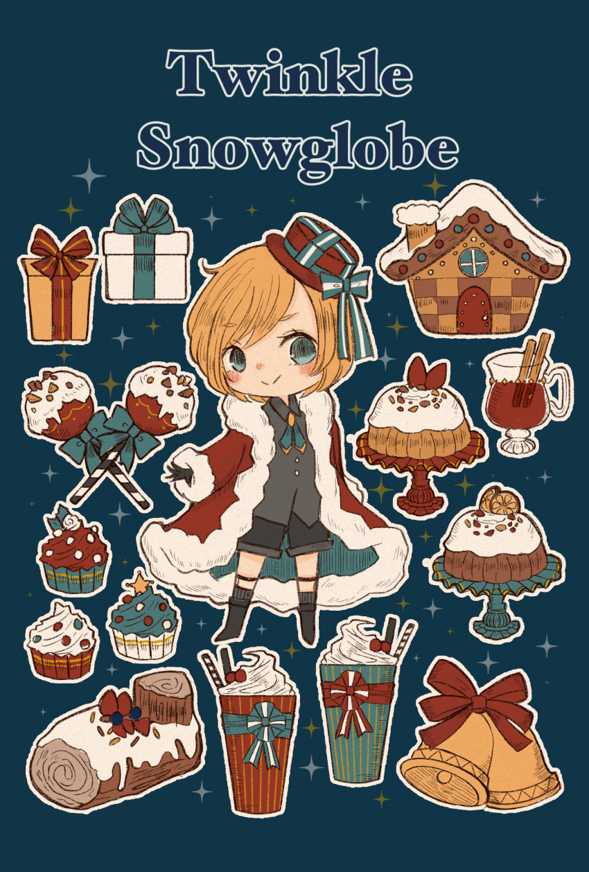 1boy, bell, black_footwear, black_shorts, blonde_hair, blue_eyes, box, cake