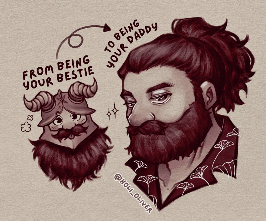 1boy, :p, arrow_(symbol), beard, blush, brown_theme, comparison, cropped_head, dungeon_meshi, dwarf, eyebrow_stubble, facial_hair, fake_horns, half-closed_eyes, helmet, high_ponytail, highres, holi_oliver, horned_helmet, horns, long_beard, male_focus, manly, monochrome, mustache, official_alternate_hairstyle, senshi_(dungeon_meshi), sparkle, tareme, thick_mustache, tongue, tongue_out, tsurime, very_long_beard