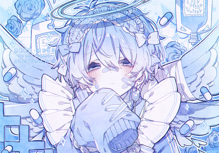 1girl, absurdres, apron, bandaid, bandaid_on_face, blue_flower, blue_hair, blue_hairband