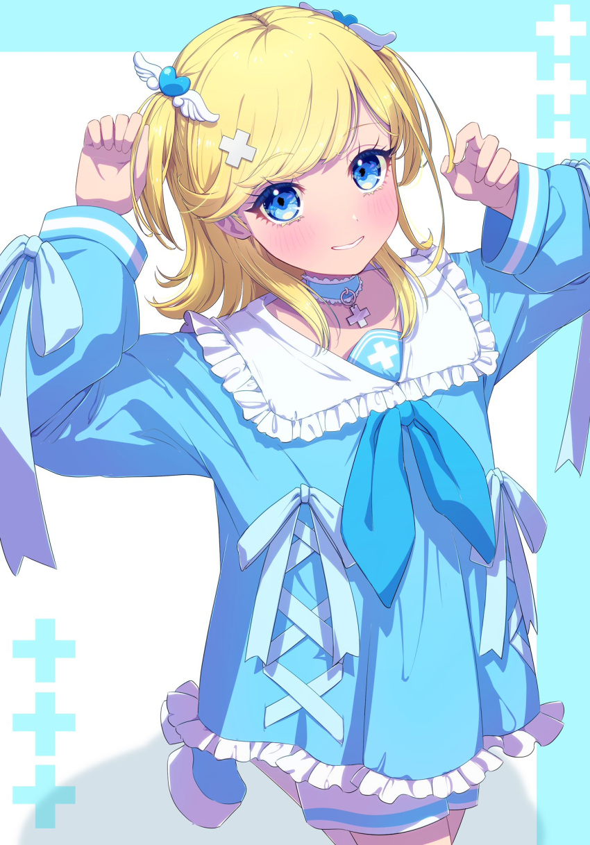 1girl, blonde_hair, blue_background, blue_choker, blue_eyes, blue_footwear, blue_neckerchief, blue_ribbon