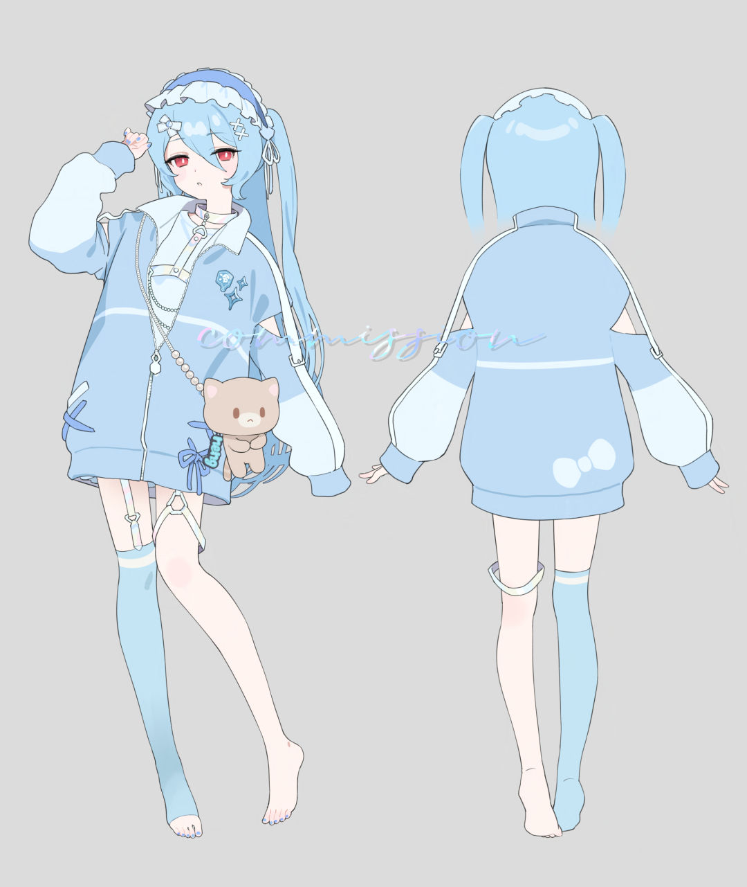 1girl, barefoot, blue_hair, blue_jacket, blue_shirt, blue_thighhighs, chest_harness, clothing_cutout