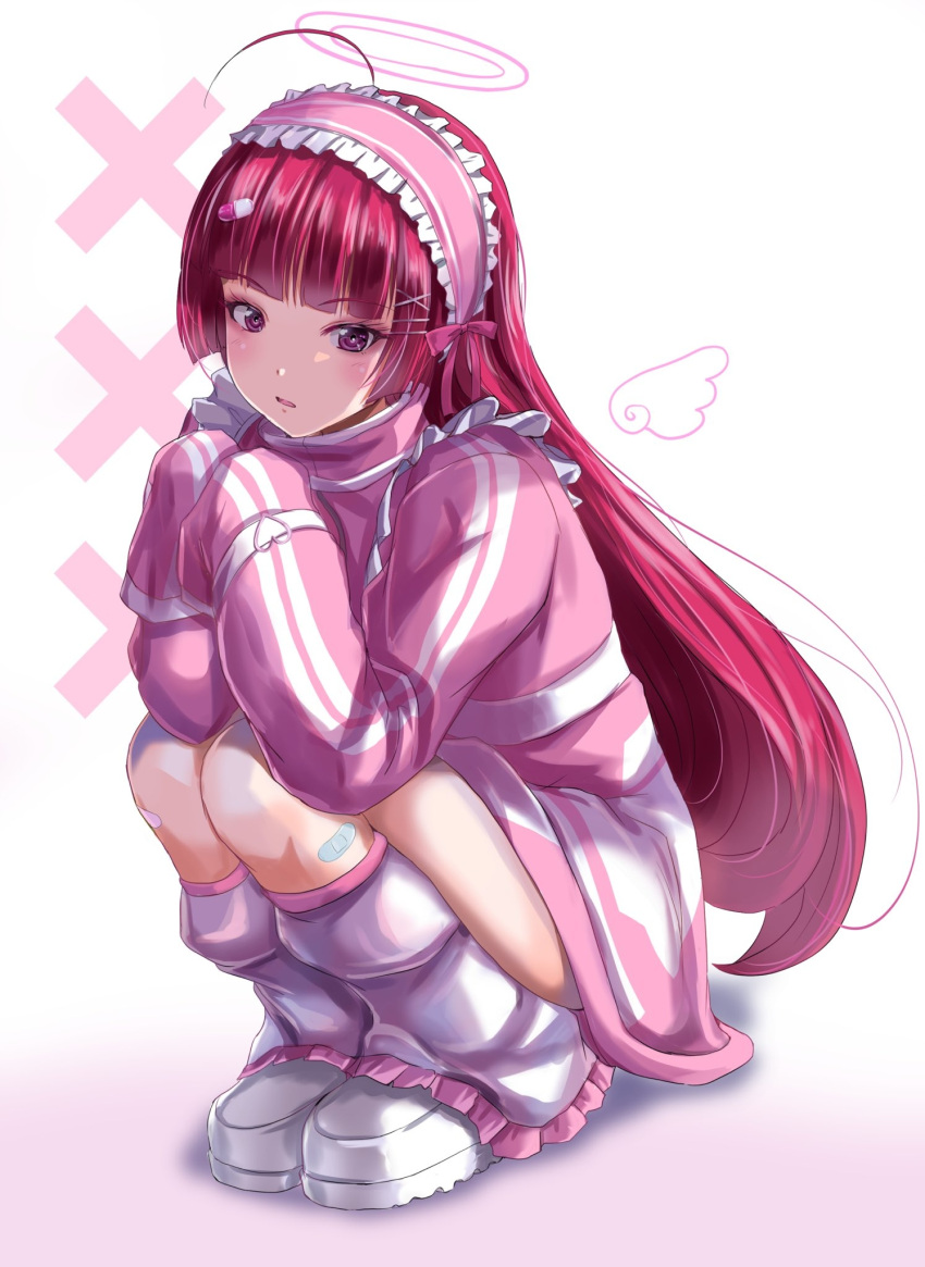 1girl, ahoge, alternate_costume, blunt_bangs, c-wing, commentary_request, drawn_halo, drawn_wings
