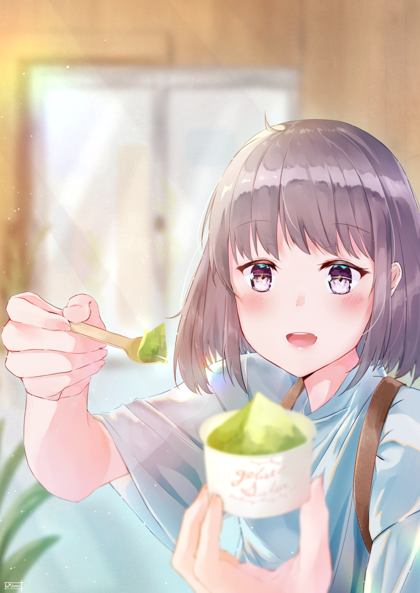 1girl, :d, blue_shirt, blurry, blush, brown_bag, brown_hair, collared_shirt