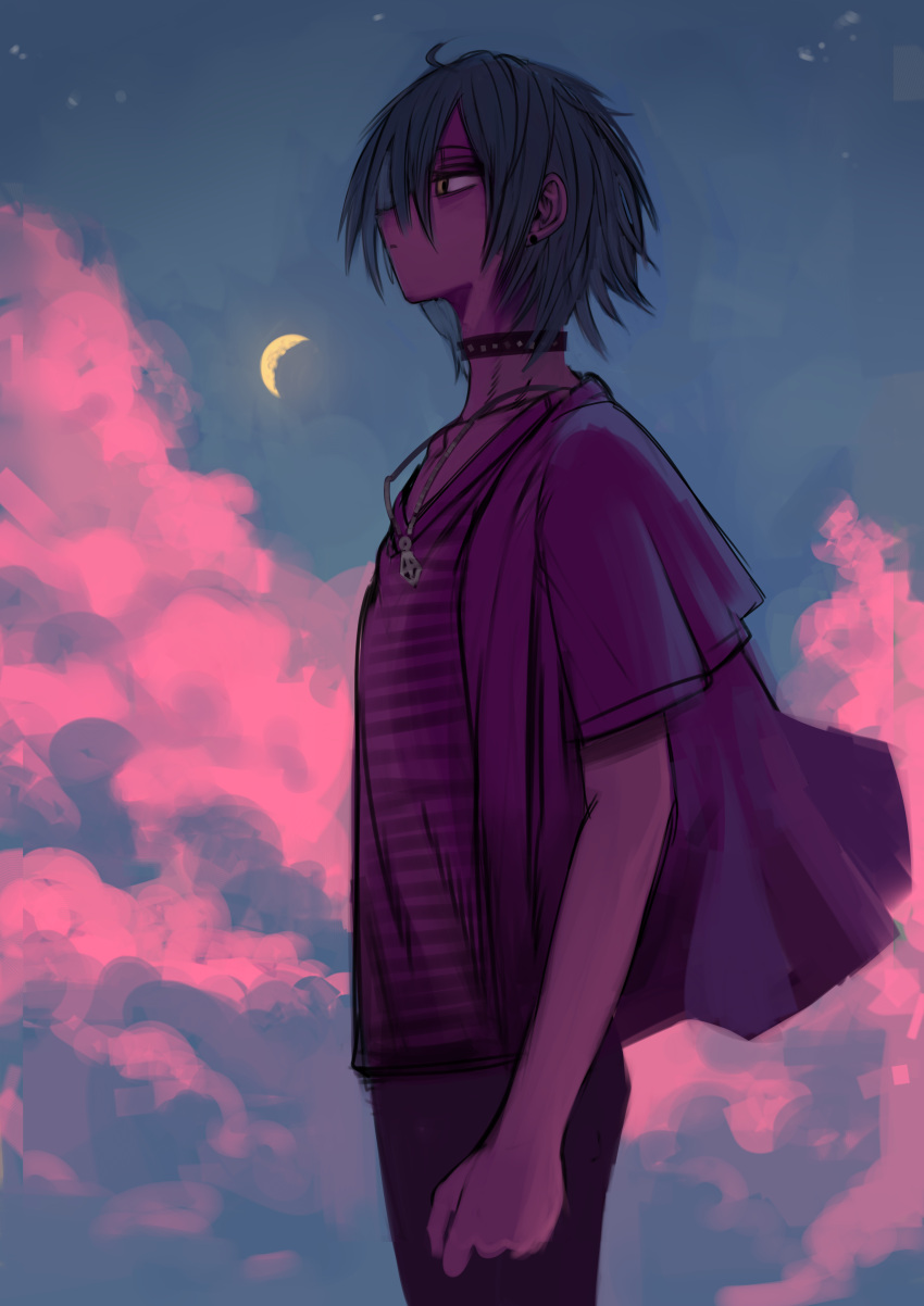 1boy, 2n5, absurdres, aqua_hair, choker, clouds, crescent_moon, highres