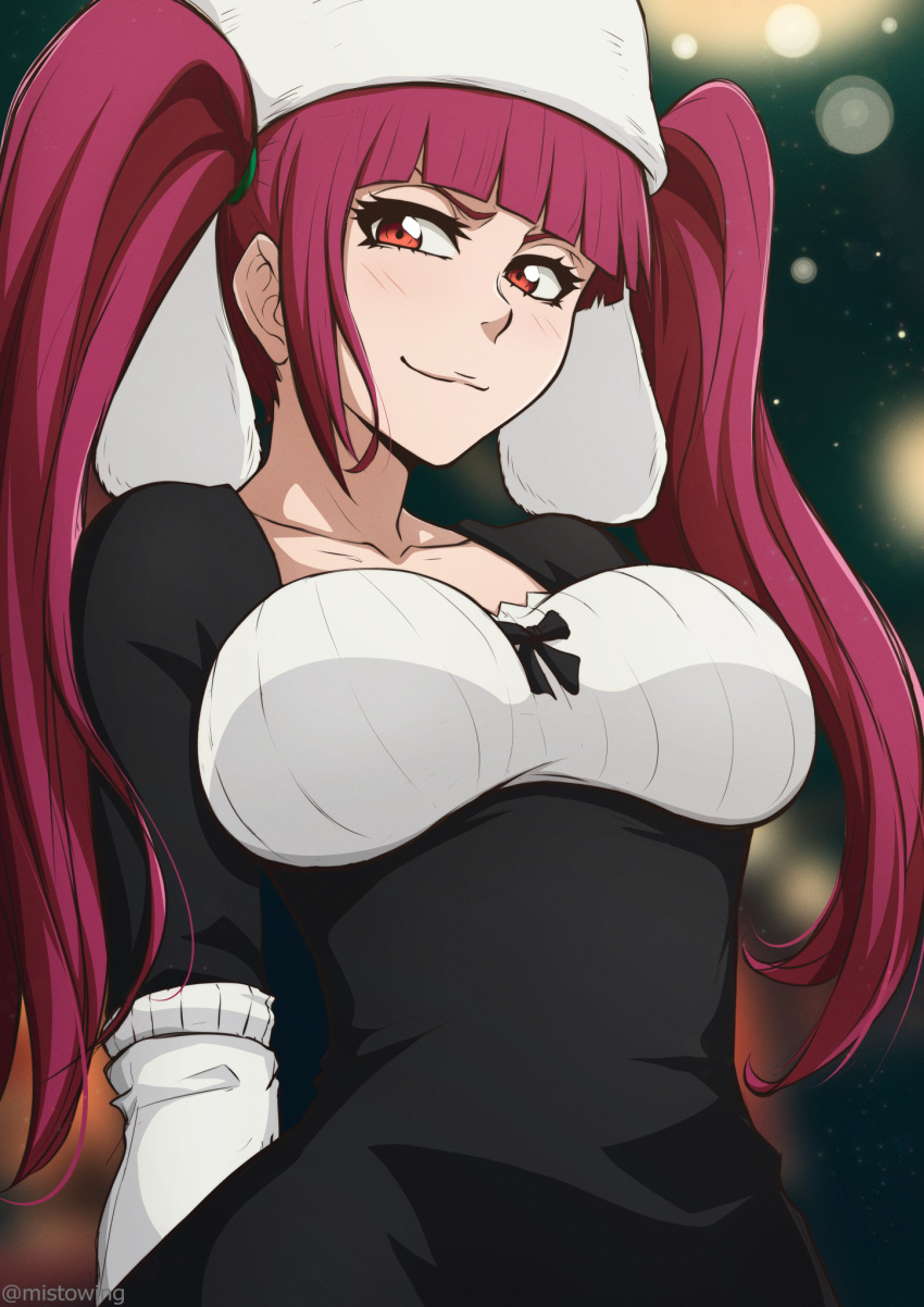 >:), 1girl, arms_behind_back, black_bow, black_dress, bleach, blunt_bangs, blush, bow, breasts, closed_mouth, collarbone, commentary, commission, dokugamine_riruka, dress, english_commentary, eyebrows_hidden_by_hair, eyelashes, hat, highres, long_hair, long_sleeves, looking_at_viewer, medium_breasts, mistowing, red_eyes, redhead, simple_background, single_sidelock, smile, smirk, smug, solo, straight_hair, twintails, twitter_username, upper_body, v-shaped_eyebrows, very_long_hair, white_hat