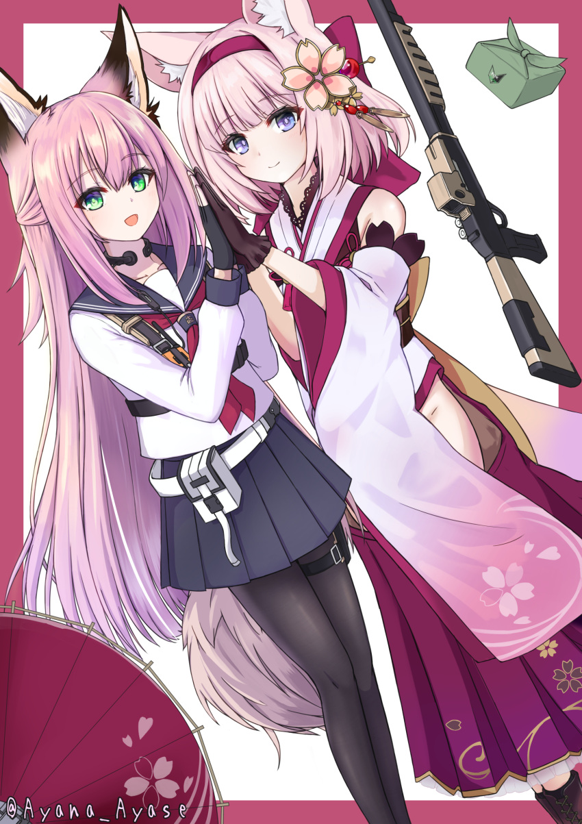 2girls, absurdres, animal_ear_fluff, animal_ears, ayana_ayase, azur_lane, black_footwear, black_gloves