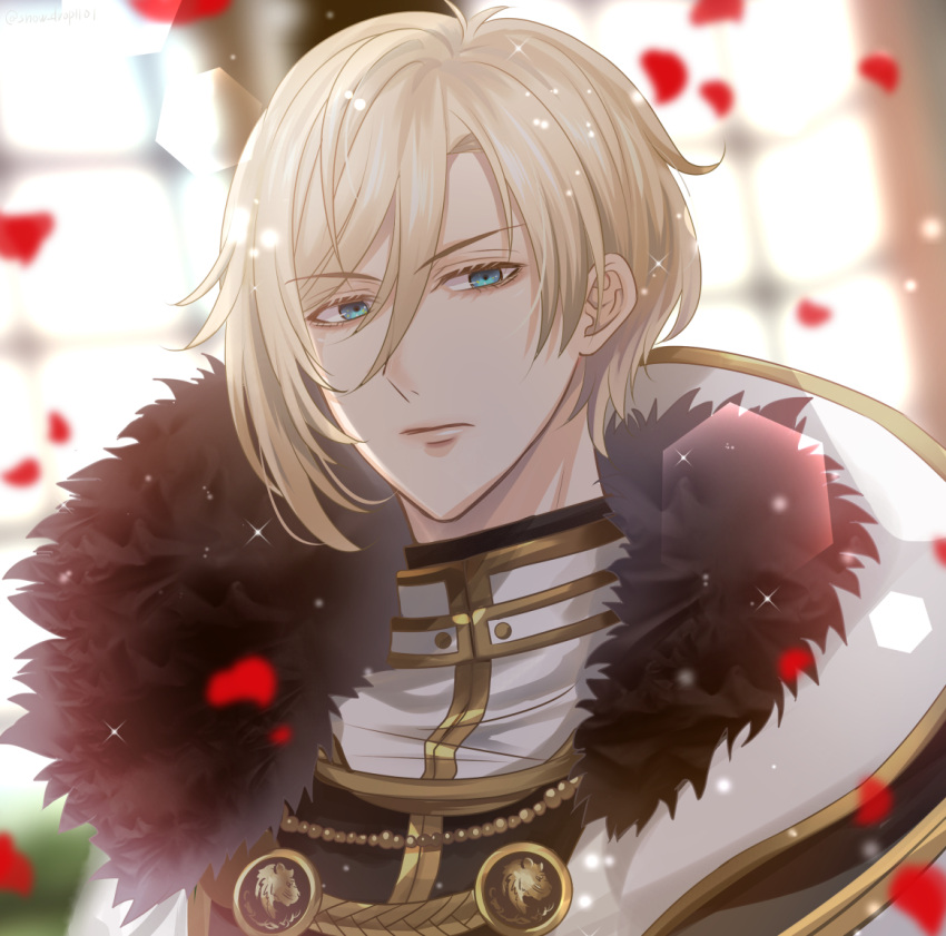 1boy, bishounen, blue_eyes, blurry, blurry_background, chevalier_michel, fur_trim, gold_trim