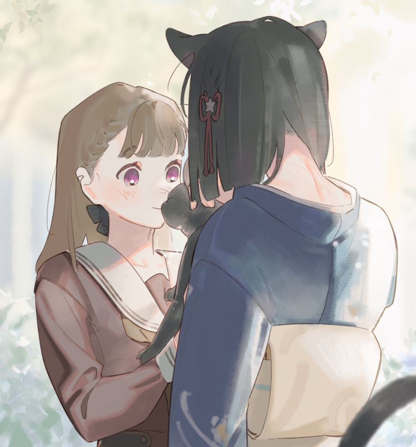 2girls, animal, animal_ears, black_hair, blue_kimono, blunt_bangs, blunt_ends, braid