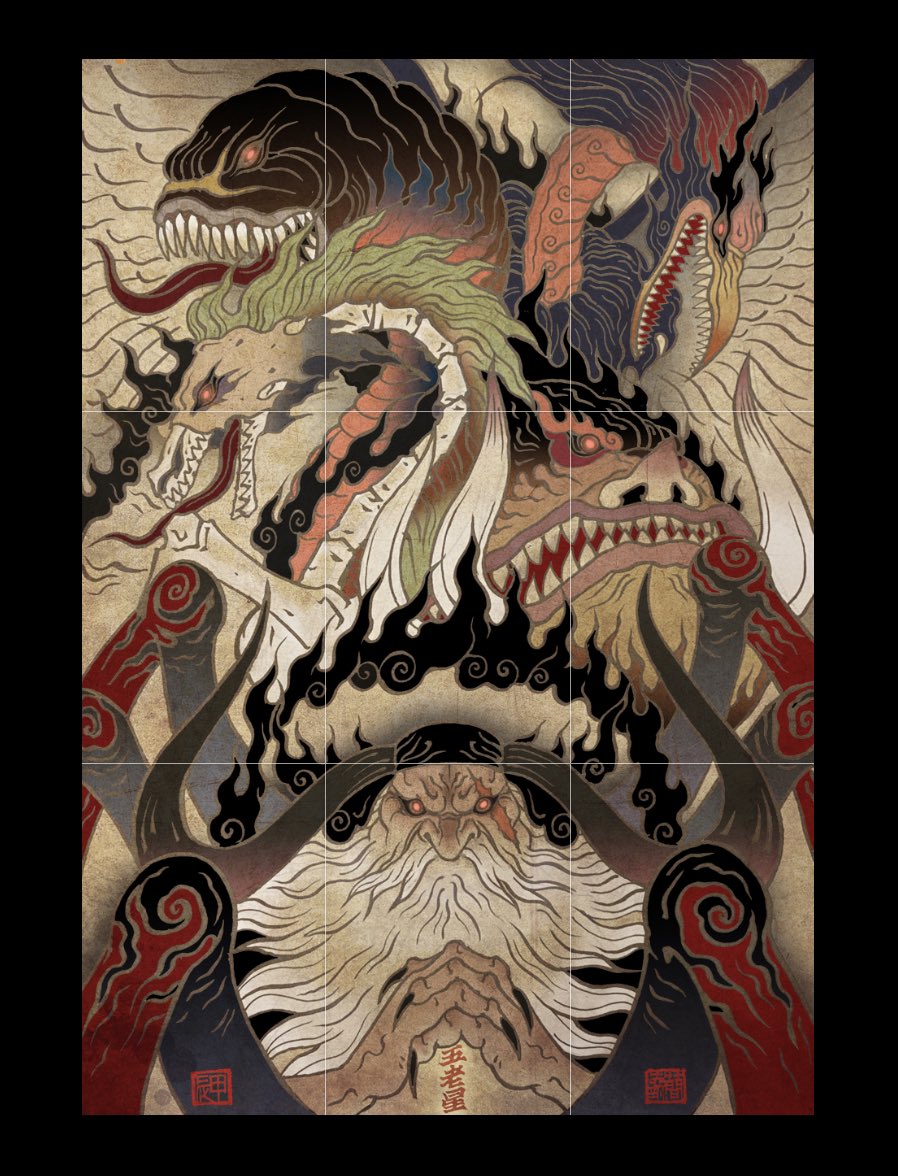 5boys, alternate_form, bakotsu_(youkai), beard, bird, black_fire, boar, chien_chih_kang