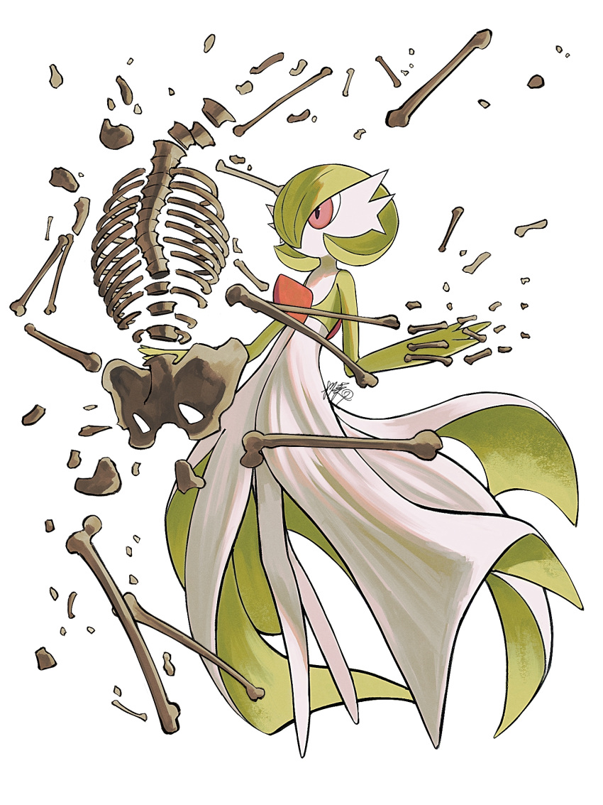 1girl, artist_name, bob_cut, bone, breaking, colored_skin, commentary_request, flat_chest