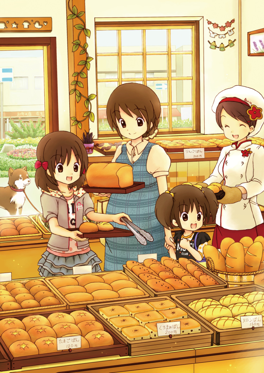 4girls, absurdres, bakery, bow, bread, brown_eyes, brown_hair, child